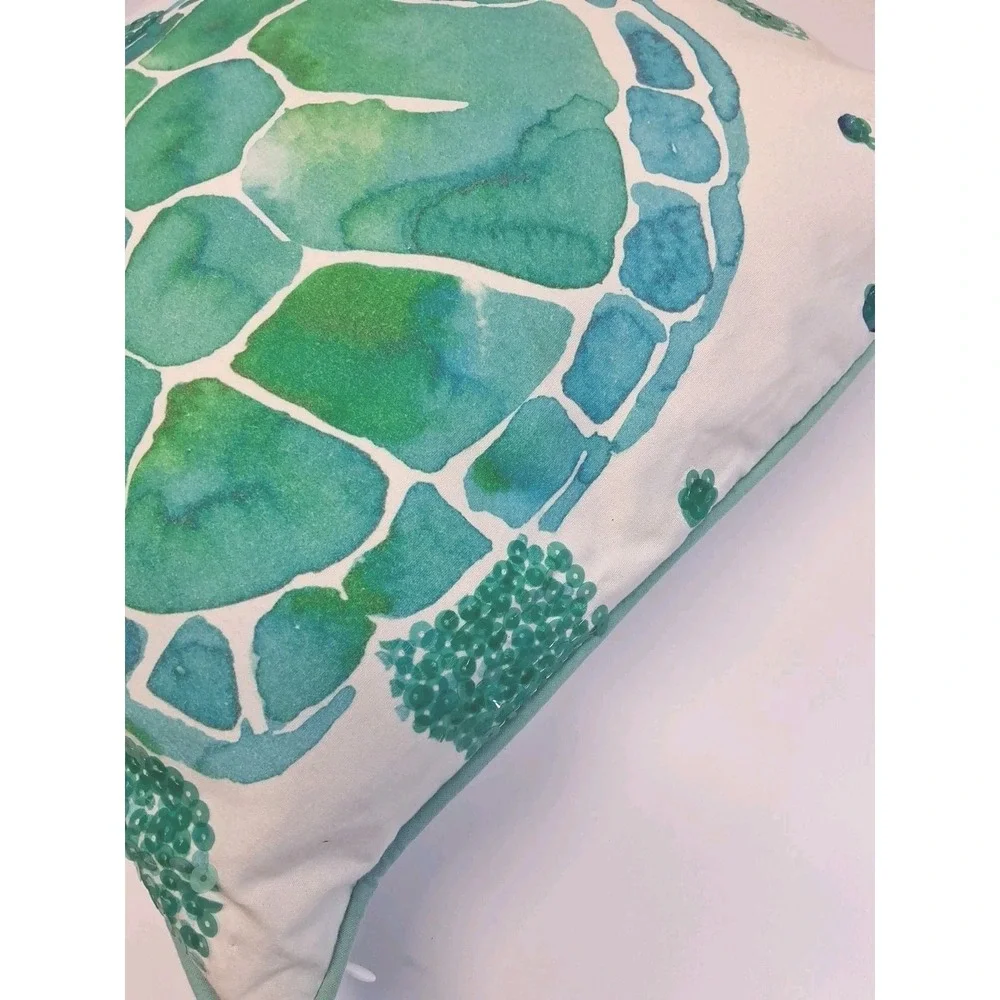 Pottery Barn Sequin Sea Turtle Pillow & Cover 2015 Summer Coastal Beach 16x16